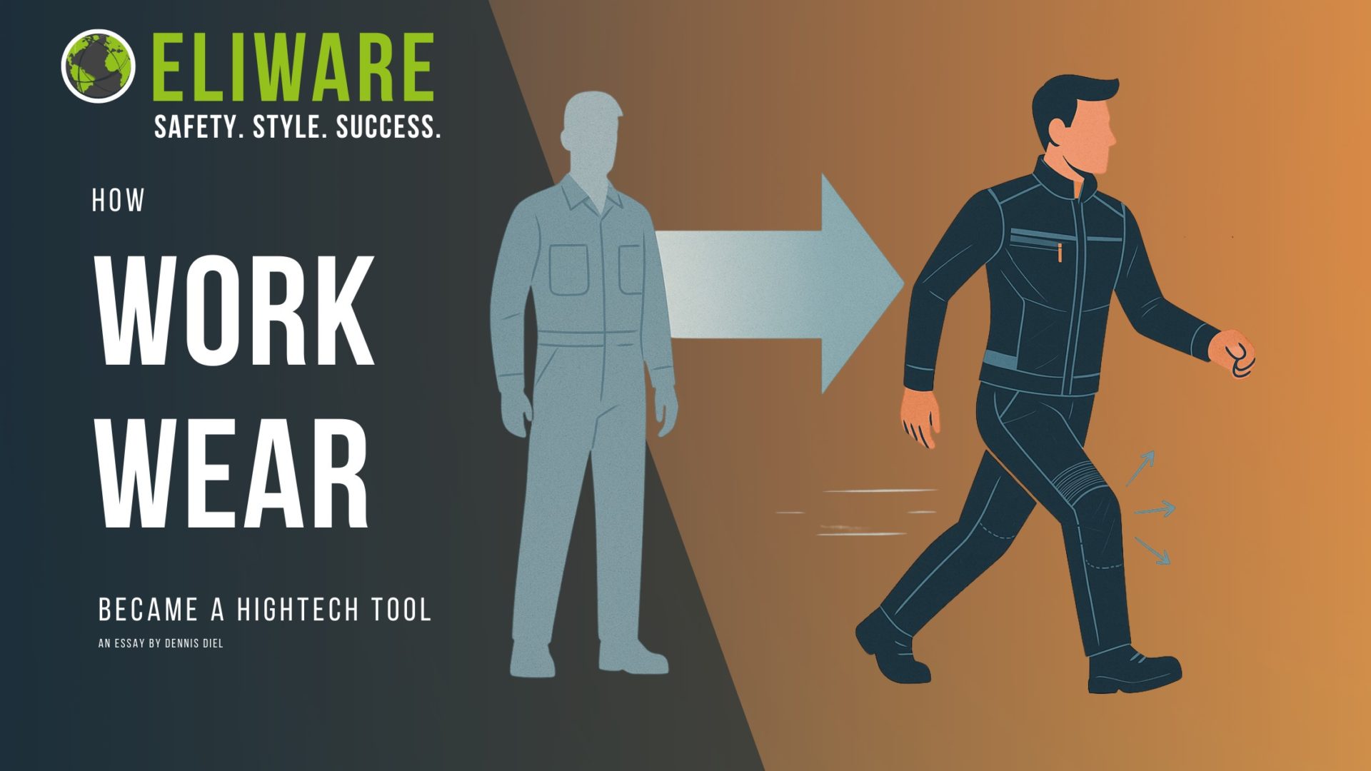 Auf der Grafik sind zwei stilisierte Arbeiter zu sehen. Der eine trägt einen alten Blaumann. Die Figur ist ganz in grau. Ein Pfeil nach rechts symbolisiert die Weiterentwicklung der Arbeitskleidung hin zu Figur 2 - dem Arbeiter in moderner Work Wear des Jahres 2025. Die Beschriftung am linken Bildrand ist auf Englisch. "How Workwear became a Hightech-Tool. An Essay by Dennis Diel."
