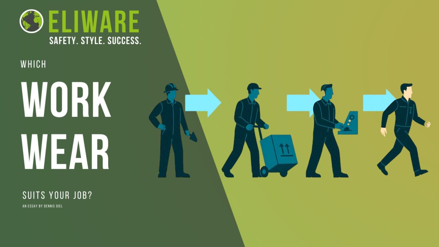 Auf der Grafik sind vier stilisierte Arbeiter zu sehen. Alle Figuren arbeiten in unterschiedlichen Branchen. Der eine stellt Pakete zu, der andere schraubt. Pfeile nach rechts zeigen, dass Workwear in vielen verschiedenen Bereichen eingesetzt werden kann. Die Beschriftung am linken Bildrand ist auf Englisch. "Which Workwear suits your Job? An Essay by Dennis Diel."